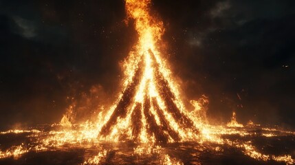Aufkleber - Majestic bonfire blazing brightly at night creating a mesmerizing display of flames and light in a darkened outdoor setting