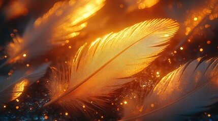 Poster - Golden bird feathers illuminated by evening light showcasing the beauty of nature's textures and colors in warm weather conditions.