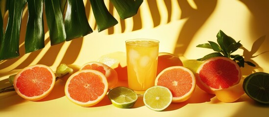 Poster - Vibrant summer still life showcasing refreshing beverages and tropical fruits bathed in warm sunlight for a cheerful atmosphere