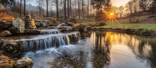 Poster - Serene spring morning in a peaceful park with sunlight illuminating a waterfall and tranquil waters reflecting nature's beauty.