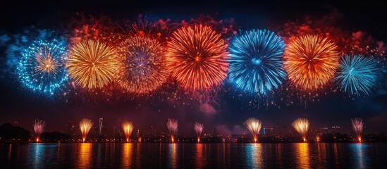 Poster - Colorful Fireworks Display Over Water at Night Celebrating Special Occasion with Vibrant Explosions in the Sky