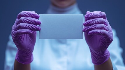Aufkleber - Gift card mockup with hands in violet gloves presenting empty certificate isolated on white background ideal for service advertisement.