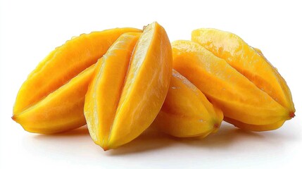 Poster - Freshly cut carambola star fruit pieces arranged on a clean white background showcasing their vibrant yellow color and unique star shape