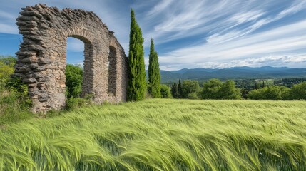 Poster - Ruined farmhouse amidst cultivated fields under a blue sky with wispy clouds and green grass swaying in the breeze.