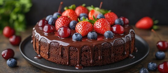 Poster - Decadent chocolate cake adorned with dark chocolate glaze fresh strawberries blueberries and cherries on a rustic wooden background