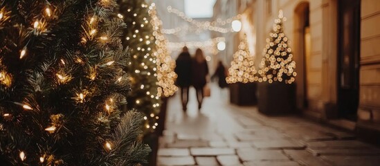 Aufkleber - Festive Blurred Bokeh Background of Christmas Lights and Trees in Urban Setting
