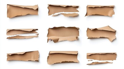 Aufkleber - Torn brown cardboard paper strips on white background showcasing varied textures and ripped edges for creative design elements