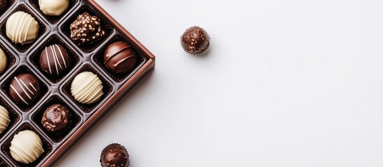Poster - Elegant assortment of pralines in an open box on a minimal white background showcasing gourmet chocolate treats for special occasions.