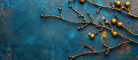 Poster - Christmas background with decorative tree branches and beads on an ornate blue plaster texture for festive holiday themes.