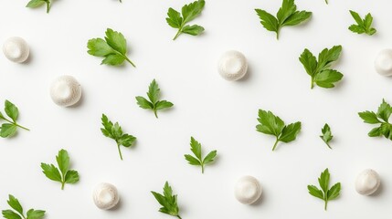 Poster - Champignon mushrooms and fresh parsley arranged artistically on a clean white background for culinary and food photography concepts