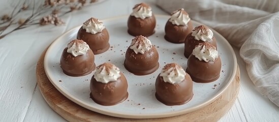 Poster - Chocolate candies topped with whipped cream arranged elegantly on a round plate with a flowering branch on a white wooden background