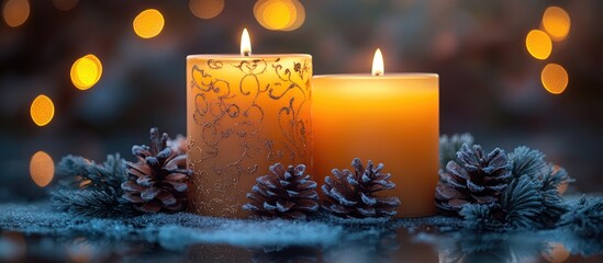 Aufkleber - Elegant candlelight decoration with warm tones and pinecones for a cozy holiday atmosphere in home environments