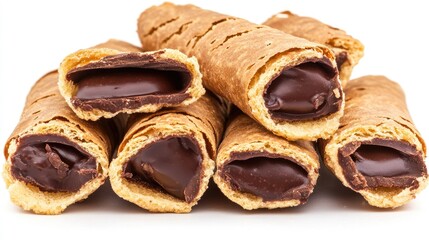 Poster - Chocolate Filled Biscuit Sticks Stacked on a Clean White Background Delicious Snack Treats Perfect for Sweet Lovers and Desserts