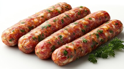 Poster - Cheese sausages with parsley arranged neatly on a clean white background showcasing fresh ingredients and vibrant colors