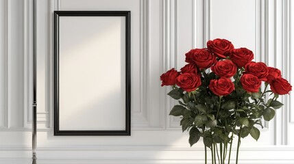 Aufkleber - Elegant black frame mockup beside a vibrant bouquet of red roses against a classic white wall decor for stylish presentations and designs