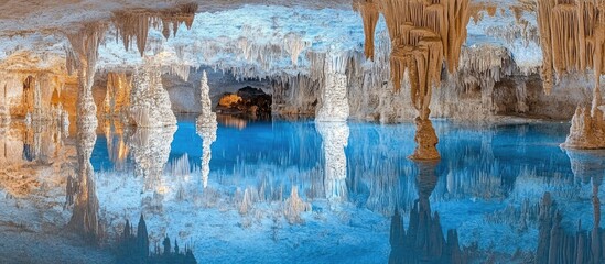Aufkleber - Stunning interconnected sea caves showcasing vibrant blue hues and crystal clear waters with striking stalactites and reflections on the surface.