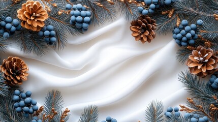 Poster - Christmas card design featuring natural tree branches, pine cones, and blue berries on a white silk background in a minimal flat lay style.