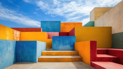 Canvas Print - Vibrant architectural abstract with colorful geometric shapes under a bright blue sky showcasing creativity and modern design