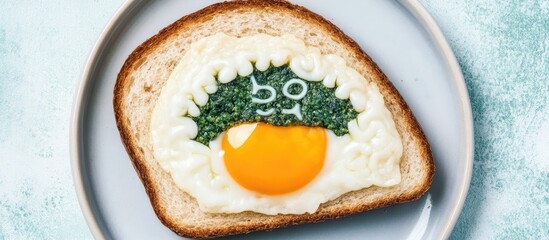 Poster - Creative breakfast dish featuring a fried egg and green pesto artfully arranged on toasted bread for a vibrant morning meal.