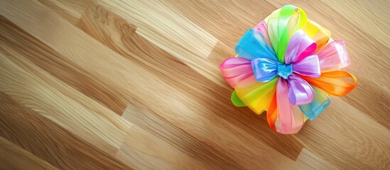 Poster - Colorful gift box with vibrant bow on wooden table overhead view with blank space for custom design and festive celebrations concept