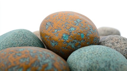 Poster - Colorful ocean stones arranged closely, showcasing unique textures and patterns against a clean white background for natural decor inspiration.