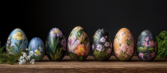 Poster - Hand painted Easter eggs with floral designs arranged on a rustic wooden table surrounded by spring blossoms and greenery
