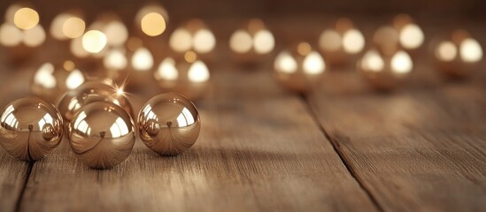 Poster - Shiny golden Christmas balls scattered on rustic wooden surface creating a warm festive atmosphere with space for holiday text or messages.