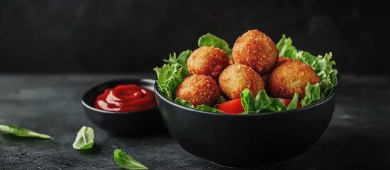 Poster - Crispy cheese balls potato croquettes garnished with lettuce tomatoes and served with ketchup on a dark textured backdrop