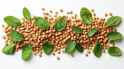 Aufkleber - Buckwheat grains scattered with fresh mint leaves on a clean white background for healthy food concepts and recipes