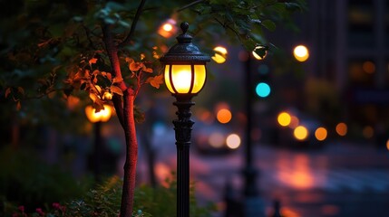 Poster - Elegant street lamp post glowing softly amidst blurred city lights and foliage at dusk, creating a warm urban ambiance and inviting atmosphere.