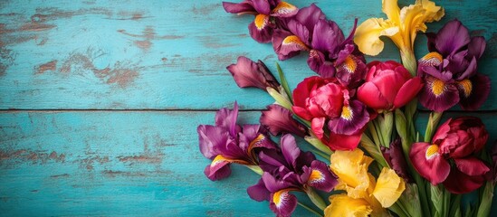 Poster - Bouquet of red peony and iris on turquoise rustic wood backdrop with space for greeting message aerial view floral mockup
