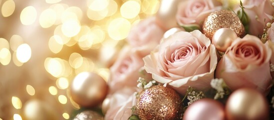 Poster - Elegant bouquet of soft pink roses adorned with golden ornaments and shimmering lights for a festive or romantic occasion.