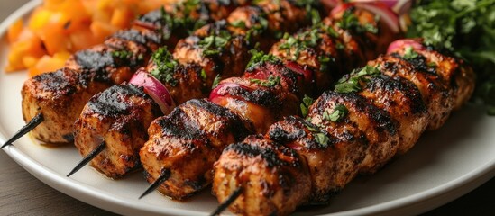 Poster - Grilled chicken shish kebab on a white platter garnished with herbs and colorful vegetables for a delicious culinary presentation.