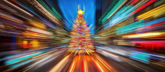 Aufkleber - Vibrant Christmas tree decoration with a dynamic blurred background creating a festive holiday atmosphere at night