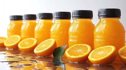 Poster - Bottles of refreshing orange juice lined up with fresh orange slices on a white background showcasing vibrant color and freshness