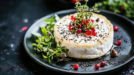 Poster - Brie cheese with fresh thyme and vibrant salad leaves served on a rustic black plate garnished with herbs and seeds
