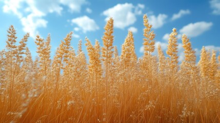 Poster - Golden wheat fields under a bright blue sky with fluffy clouds creating a serene summer landscape background.