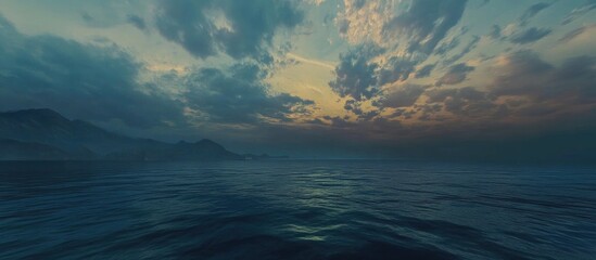 Wall Mural - serene twilight over calm waters with dramatic clouds reflecting the fading light in a tranquil stra