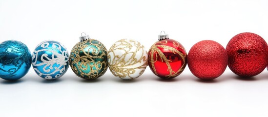 Poster - Colorful decorative baubles arranged in a row on a white background perfect for holiday themes and seasonal designs.
