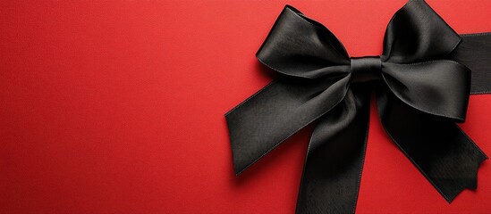 Aufkleber - Elegant black satin ribbon bow on vibrant red background, perfect for gift wrapping and holiday decorations viewed from above.