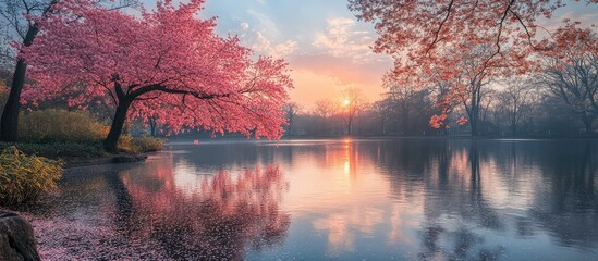 Poster - Springtime Serenity Cherry Blossoms Surrounding a Tranquil Pond at Sunset with Photographers Capturing the Beauty of Nature