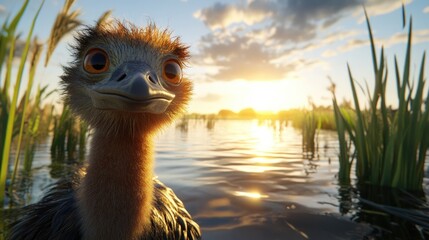 Wall Mural - emu standing by the water at sunset surrounded by tall grass under a beautifully lit sky