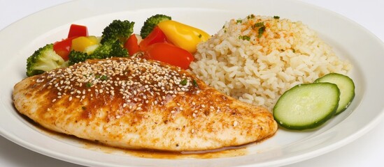 Poster - Grilled chicken breast with mole sauce and sesame seeds served with rice and mixed vegetables on a white plate