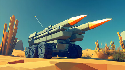 Poster - A stylized missile launcher on a desert landscape, showcasing military technology.
