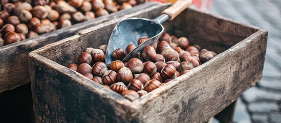 Poster - Chestnuts in a rustic wooden box with a metal scoop ready for roasting at a vibrant market setting