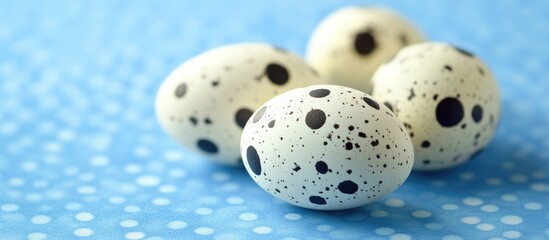 Poster - Easter eggs with speckled patterns arranged on a vibrant blue background for festive decoration and celebration themes.