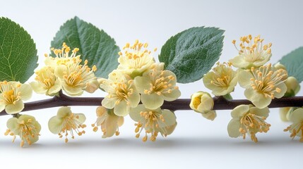 Poster - Linden flower branch with vibrant blooms and green leaves on a light background for natural beauty and botanical design concepts