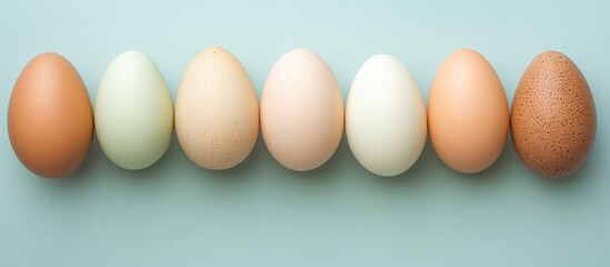 Poster - Colorful Easter eggs arranged in a row on a soft blue background Creative flat lay composition for seasonal or festive use