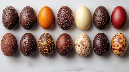 Poster - Colorful assortment of chocolate Easter eggs arranged on a marble surface for festive celebration and seasonal treat concepts