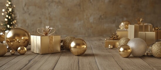 Aufkleber - Golden holiday decorations with gift boxes and ornaments on a rustic wooden surface for festive seasonal backdrop and celebrations.